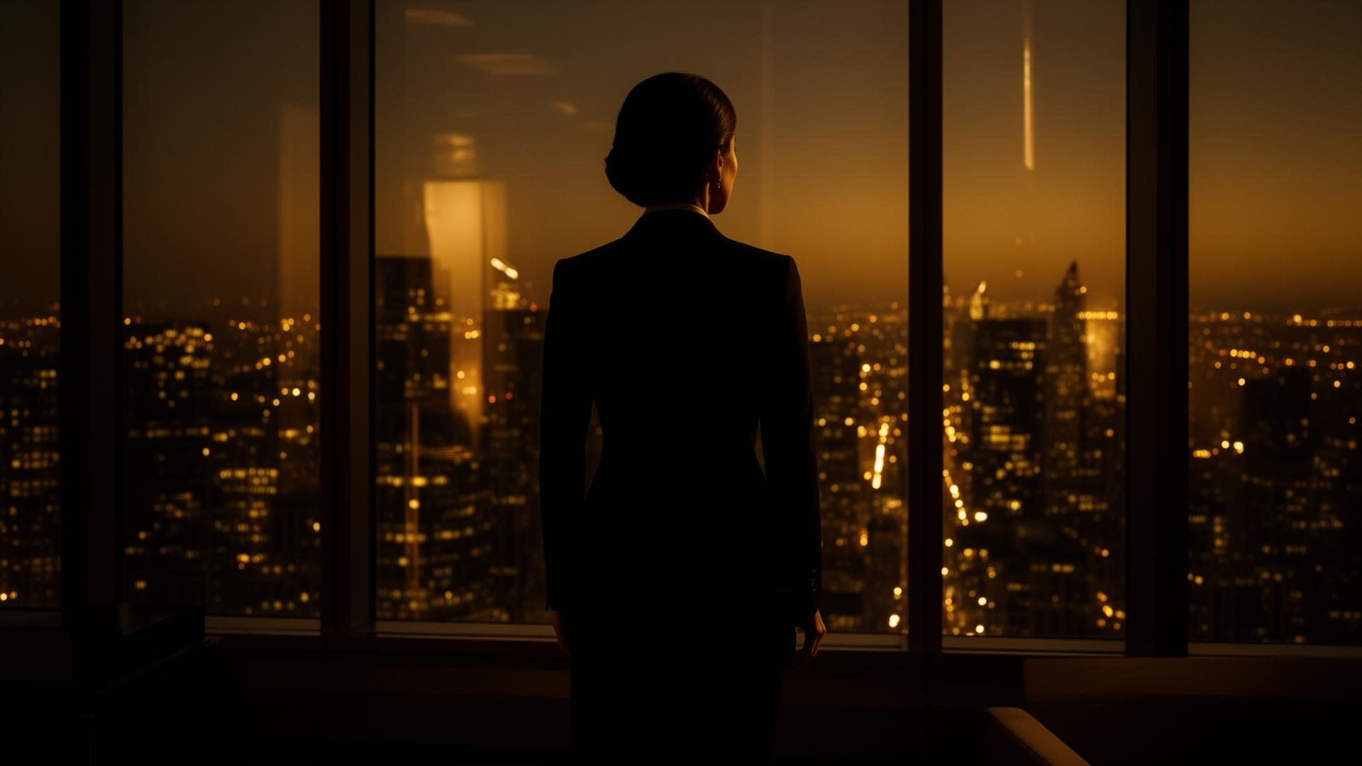 Profissional sênior contemplando a cidade do alto de um escritório executivo ao entardecer