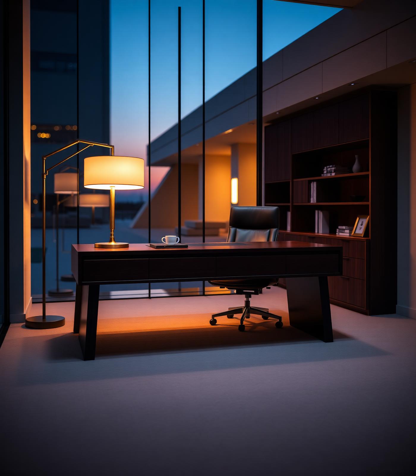 Escritório executivo iluminado ao entardecer