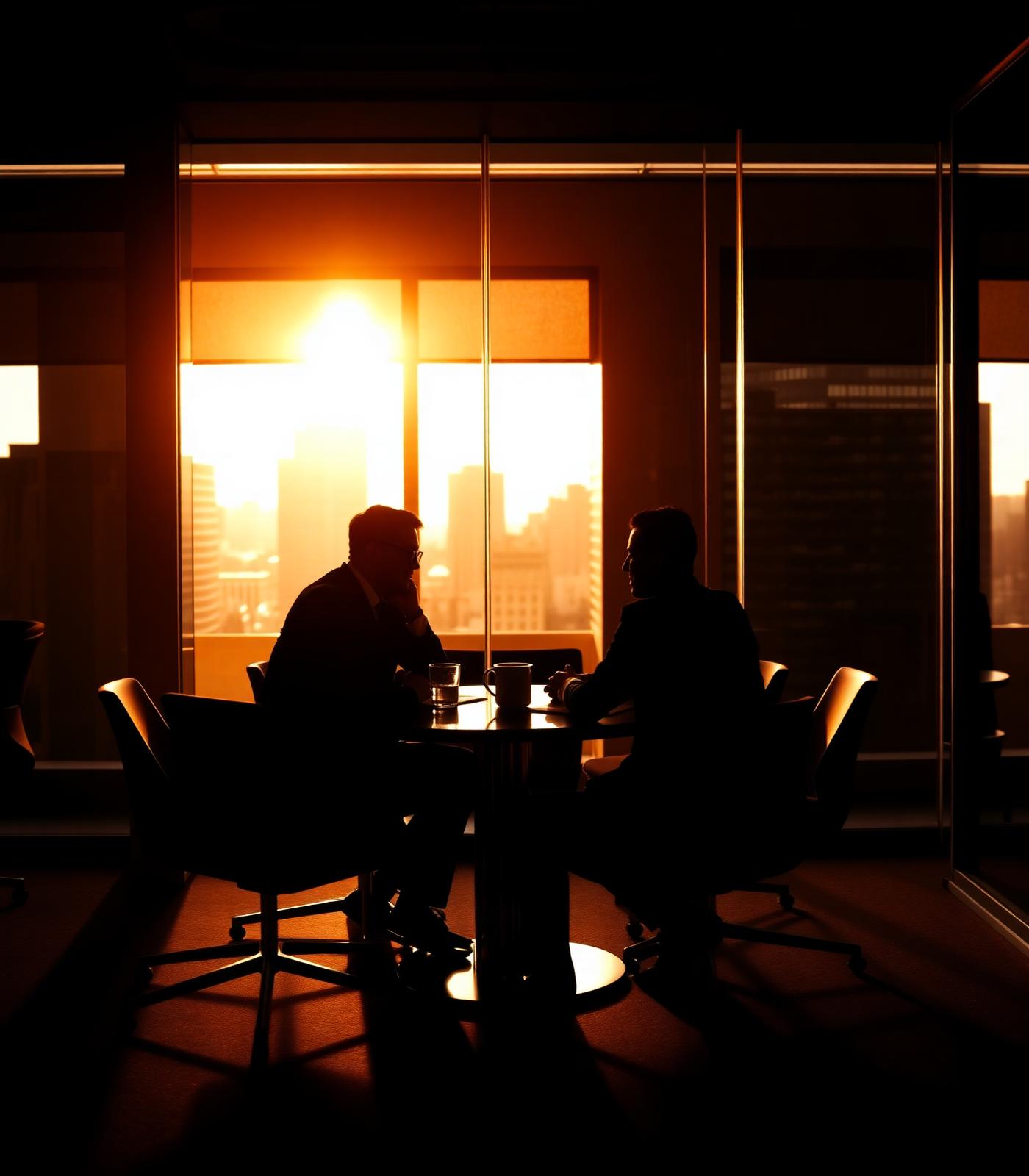 Executivos em reunião estratégica ao entardecer